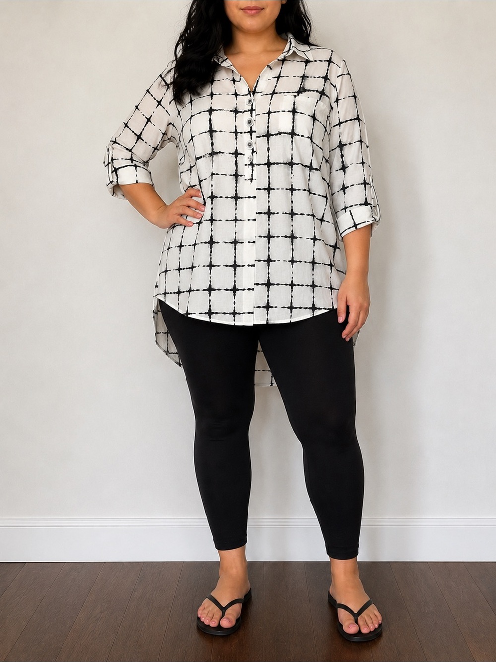 John Mark Black & White Grid Button-Front Collared Top
